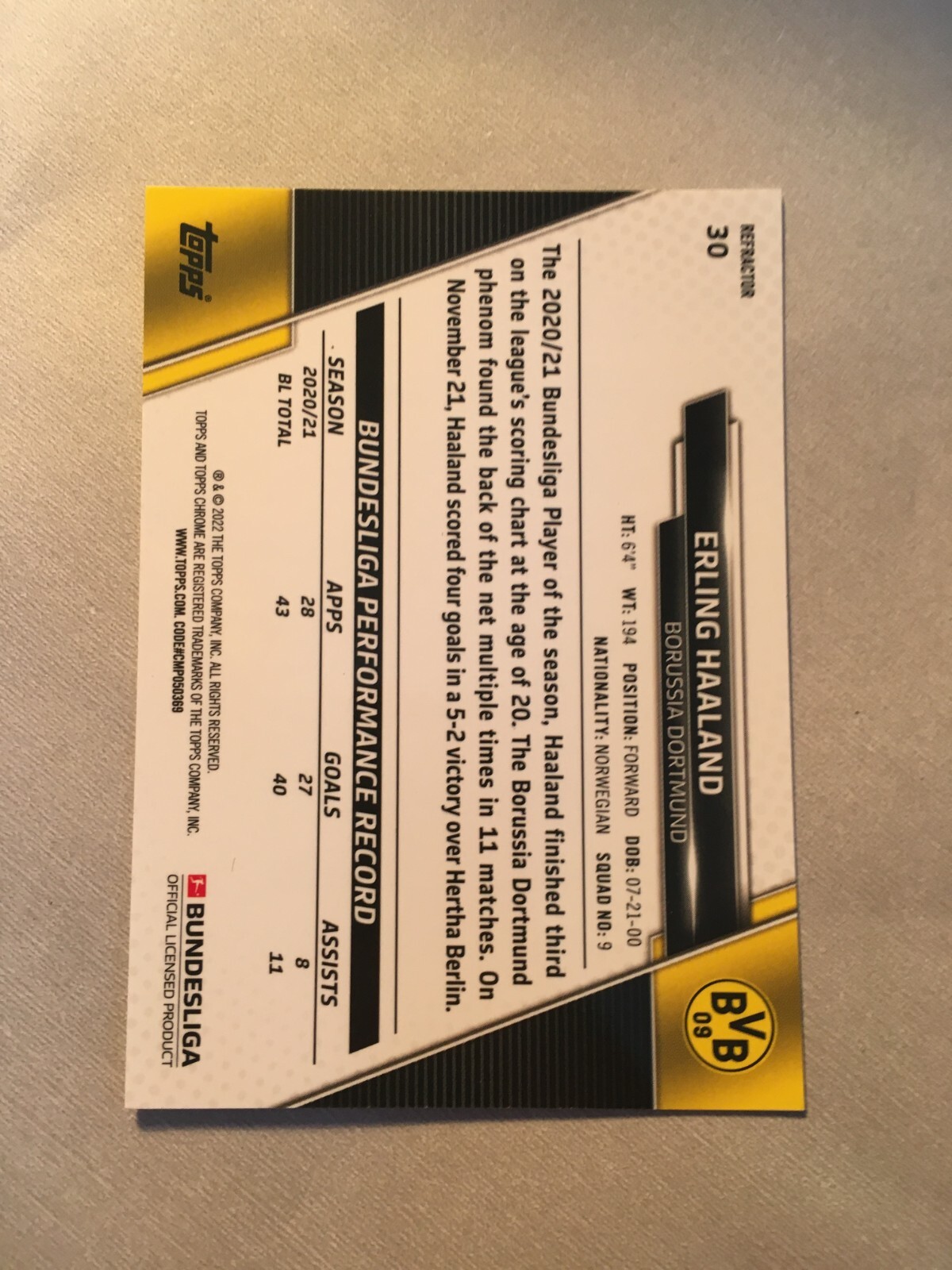 ERLING HAALAND 2021-22 TOPPS CHROME BUNDESLIGA REFRACTOR DORTMUND view 2