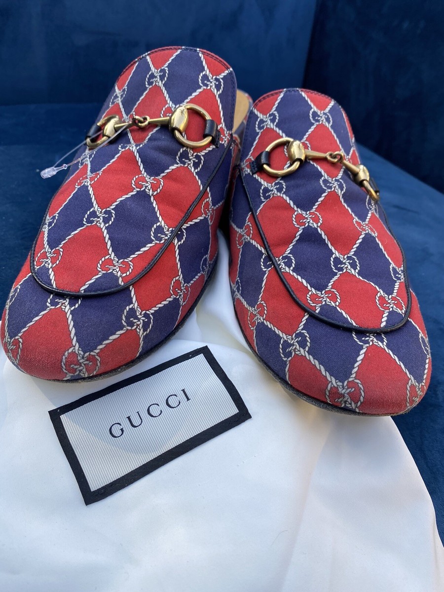 GUCCI Royal Bluett Red/Blu Guicci Logo Rhombus Chain Mule