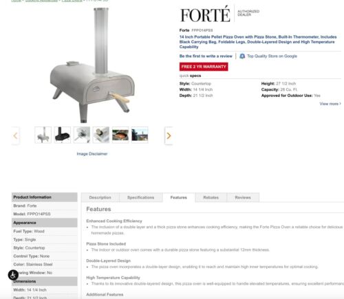 FORTE 14" OUTDOOR PORTABLE PELLET PIZZA OVEN Stainless Steel $590 NEW IN BOX!