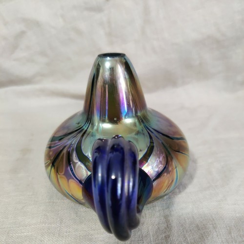 SIGNED KENT FISKE IRIDESCENT BLUE ART GLASS OIL LAMP PAPERWEIGHT K-89 - Picture 9 of 11