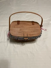 VINTAGE LONGABER PICNIC HANDWOVEN BASKET FLORAL CLOTH LINING 10X6 ORIGINAL RARE.