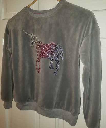Gray Stretch Velvet velour Sequined Unicorn Pullover Sweatshirt. Girls 7 8 - Picture 2 of 5