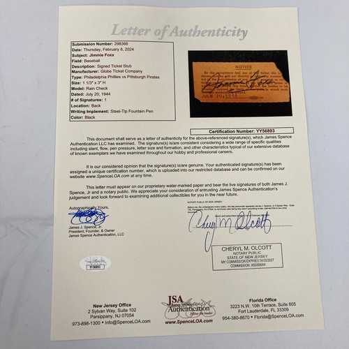 Jimmie Foxx Signed 1940 Philadelphia Phillies Ticket With JSA COA - Picture 3 of 4