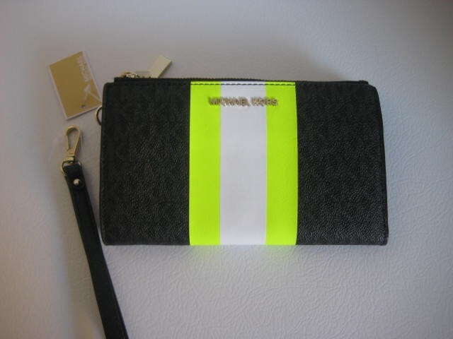 Michael Kors Wristlet Black Neon Yellow Stripe NWT