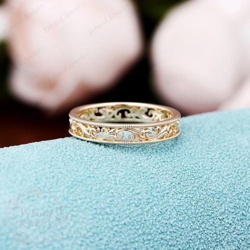 14K Solid Gold Floral Filigree Wedding Band Stackable Eternity Pattern Ring - Picture 1 of 14