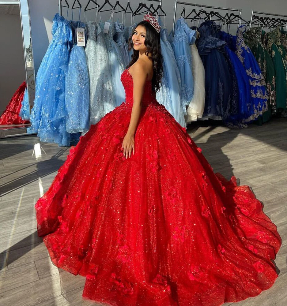 Red Quinceanera Dresses 3D Flowers Glitter Sequins Sweet 15 Prom Party Ball Gown
