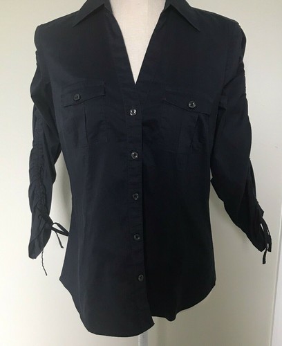 Ann Taylor Loft Top Blouse Womens Size Medium Blue Quarter Tie Sleeves Shirt