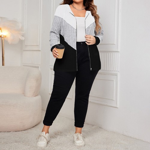 Plus Size Womens Ribbed Colorblock Jacket Coat Long Sleeve Zip Up Cardigan Tops - Picture 3 of 22