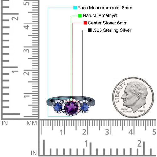 Three Stone Art Deco Natural Amethyst Wedding Round Ring 925 Sterling Silver - Picture 20 of 24