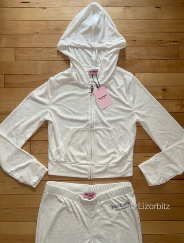 NEU! JUICY COUTURE Handtuch Frottee Trainingsanzug Logo Hoodie & Hose Set Oyster Weiß S - Bild 4 von 7