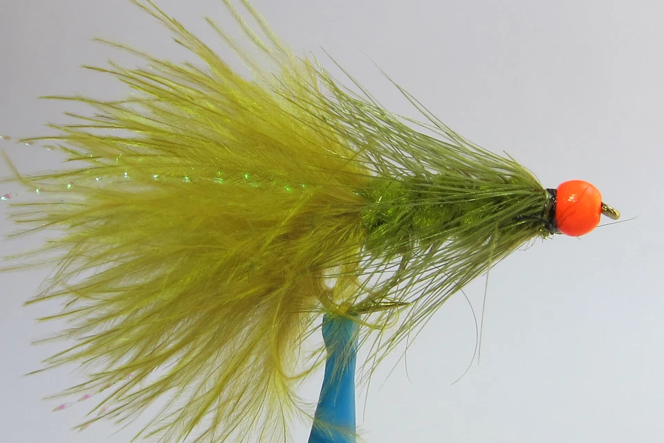 PECHETRUITE 1 x Mouche Streamer Wooly Bugger Olive Pattes bille Orange H8/10/12 rubber leg