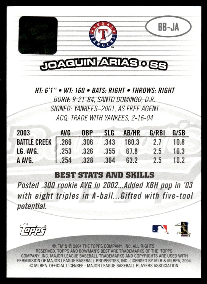 2004 Bowman's Best Auto Joaquin Arias #BB-JA Rookie Texas Rangers - Image 2 of 2