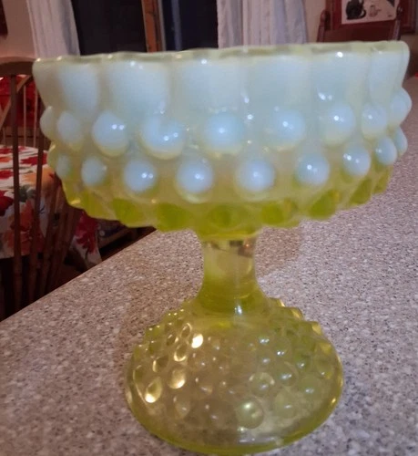 Vintage Fenton Topaz Opalescent Hobnail Pedestal Vandy.Dish