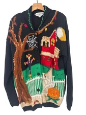Vintage Halloween Sweater Cardigan Women’s size XL Eagles Eye 1995 Scarecrow