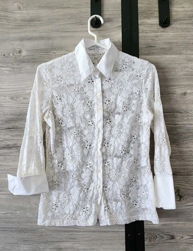 Anne Fontaine Bluse Spitze Knopfleiste geblümt 3/4 Arm Kragen 42