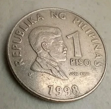 One 1 Piso 1998 Philippines Coin Jose Rizal Bangko Sentral Ng Pilipinas