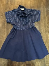 Vintage Girls Dress Sz 4 Blue White Polka Dot Neck Tie Pleated Skirt 1970s USA