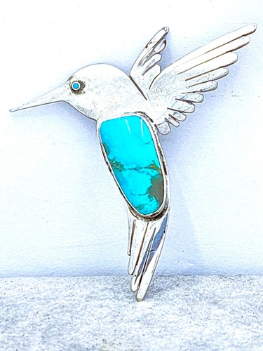 Lucian Koinva Hopi Sonoran Gold Turquoise HUMMINGBIRD Sterling Silver Brooch Pin - Picture 2 of 6