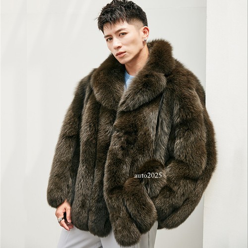 Mens Real Fox Fur Coat Genuine Fur Jacket Fashion Notched Lapel Collared Outwear - Picture 19 of 26