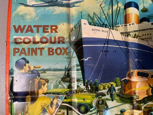 Lithographed Tin Paint Box 1950s Watercolors Made In England Large Size - Picture 2 of 8