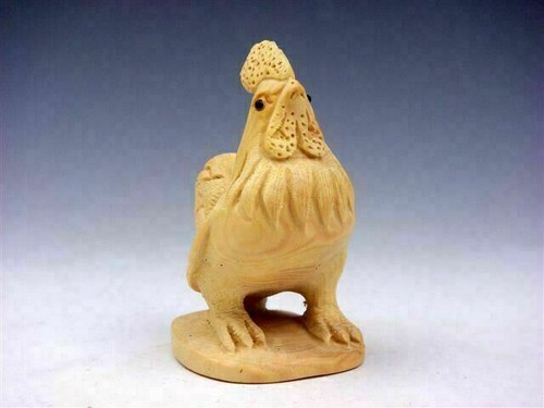 Japanese Boxwood Hand Carved Netsuke Big Tail Rooster Chicken Standing #07122301 - Imagen 2 de 6