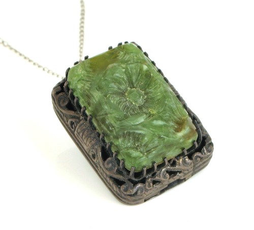 ANTIQUE BEAUTIFUL STERLING SILVER CHINESE EXPORT CARVED JADE PENDANT FINE ! - Picture 1 of 2