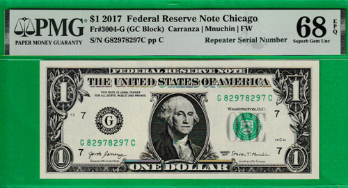 $1 Federal Reserve note REPEATER Serial Numbers 8297--8297 PMG 68 - Picture 2 of 3