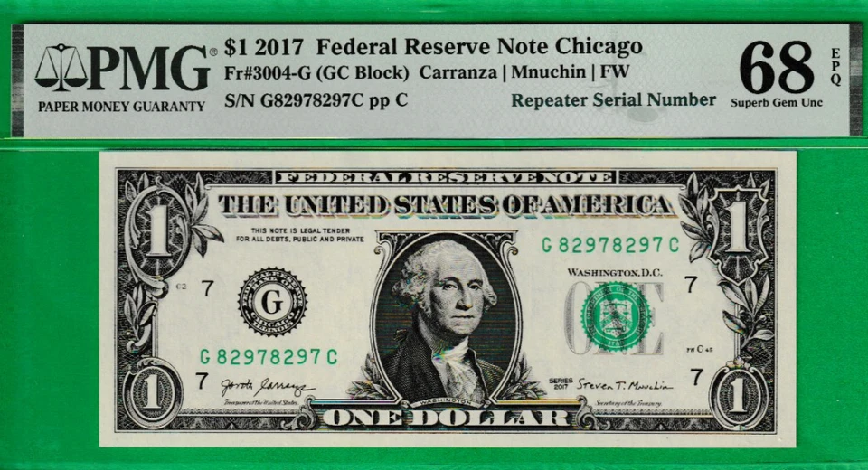 $1  Federal Reserve note REPEATER Serial Numbers 8297--8297 PMG 68 - Image 2 of 3