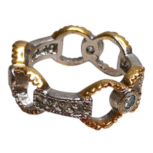 Gold Tone Silver Tone Cubic Zirconia Ring Size 8.5 Unique Modernist Style - Picture 6 of 8