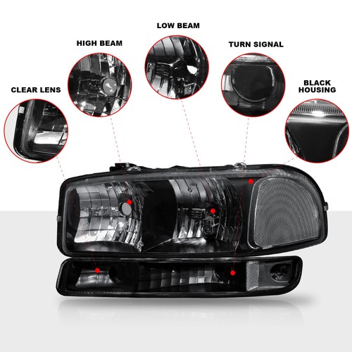 Black Headlights Assembly & Bumper Headlamps For 1999-2006 GMC Sierra Yukon - Picture 2 of 16