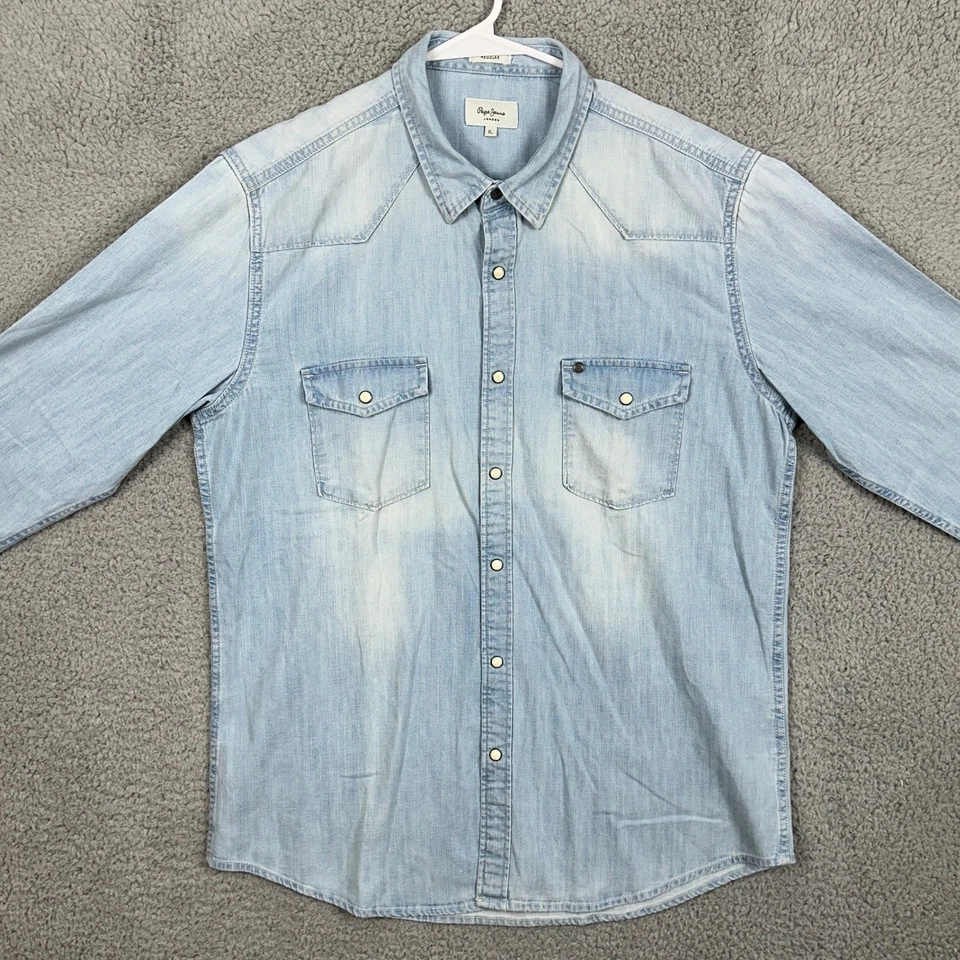 Pepe Jeans Shirt Denim Pearl Snap Button Up Mens XL Blue Flap Pocket Regular Fit - Image 3 of 4