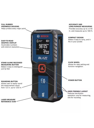 Bosch Blaze 100ft Backlit Laser Measure - Blue (GLM100-23) - Picture 3 of 10