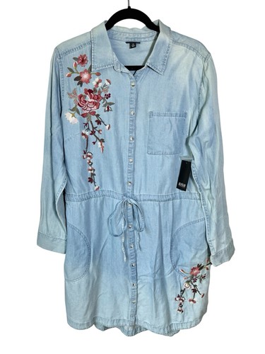 NWT Embroidered Floral Denim Dress Button Down Size XL Fall Cottagecore Cowgirl