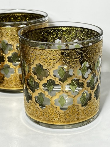 Vintage Culver Valencia Low Ball Set of 4 Glasses 22K Gold Green Barware EUC! - Picture 7 of 17
