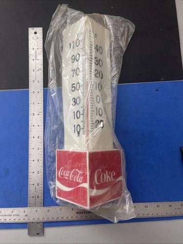 Vintage Coca Cola Plastic Corner Thermometer 1970’s Coke Advertising NOS 15”