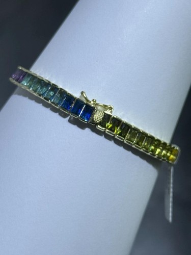 18k Yellow Gold Sterling Silver Emerald Cut Rainbow Sapphire Tennis Bracelet 7" - Picture 5 of 13