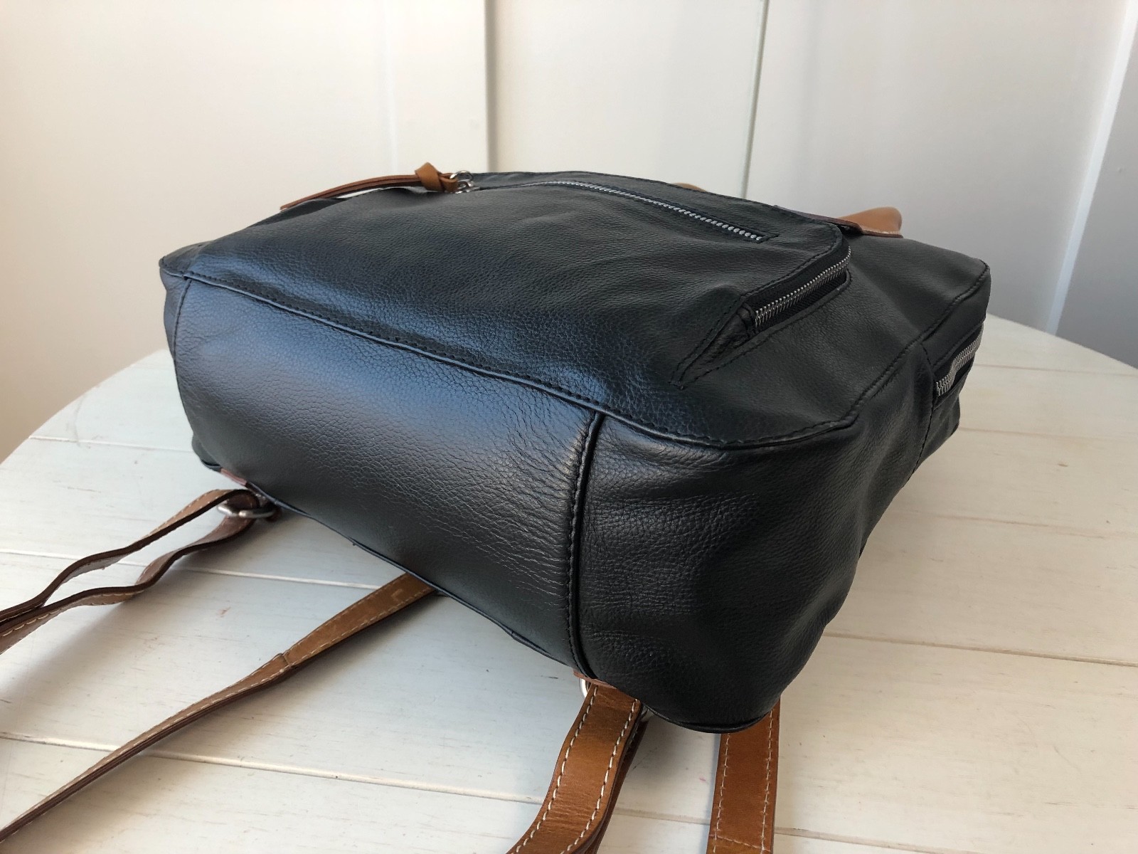 Nino Bossi Eleanor Rigby Black Leather Day Backpack Tote Traveler Handbag Bag