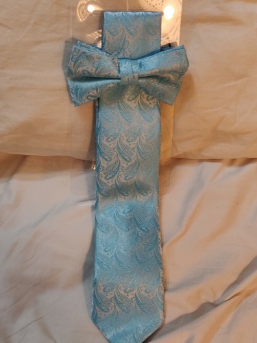 NWT Med MEN Aqua blue TUXEDO VEST, TIE Hankie & Bow Tie set WEDDING FORMAL prom - Picture 5 of 11