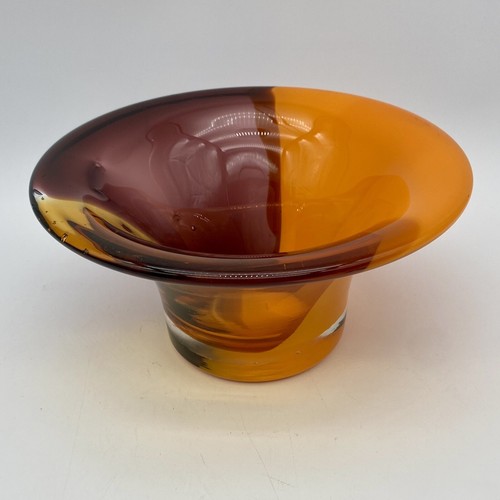 MCM Flared Edge Art Glass Centerpiece Bowl Amber Purple Orange Swirls Halloween - Picture 3 of 11