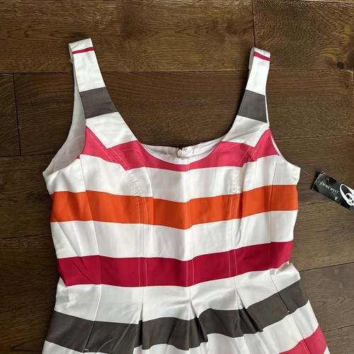 Nine West Fit Flare Dress Size 10 White Pink Orange Striped Pockets Sleeveless - Picture 2 of 8