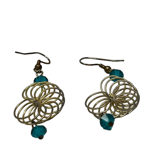 Handcrafted Earrings Blue Beaded Crystal Pierced Spiral Loops Dangle Wire - Picture 4 of 8