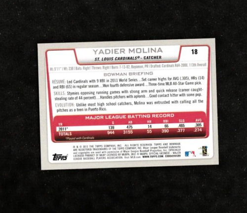 YADIER MOLINA 2012 Bowman GOLD #18 St. Louis Cardinals - Picture 2 of 2