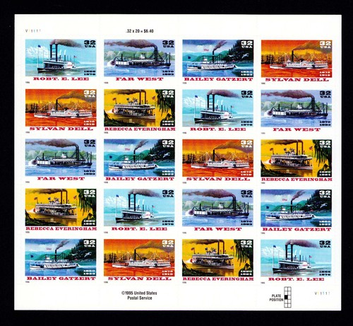 US #3095b, 32¢ Riverboats, Sheet of 20 w/SPECIAL INTERRUPTED DIE CUTTING, VF - Picture 1 of 6