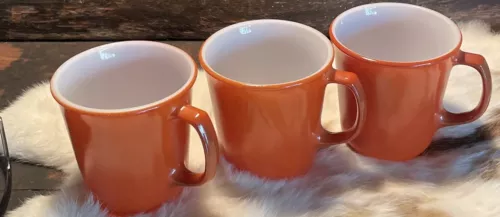 Lot of 3 Pyrex Corning Burnt Orange Coffee Mugs Cups D Handle