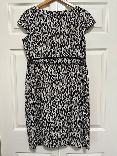 Alyx Womens Dress Size 14 Leopard Print Sheath Black Tan Zip Up Cap Sleeve - Picture 15 of 21