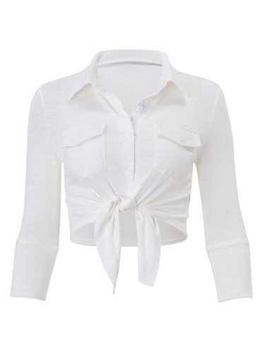 Womens V Neck Long Sleeve Crop Tops Tie Front Knot Blouses Button Down Shirts - Picture 13 of 20