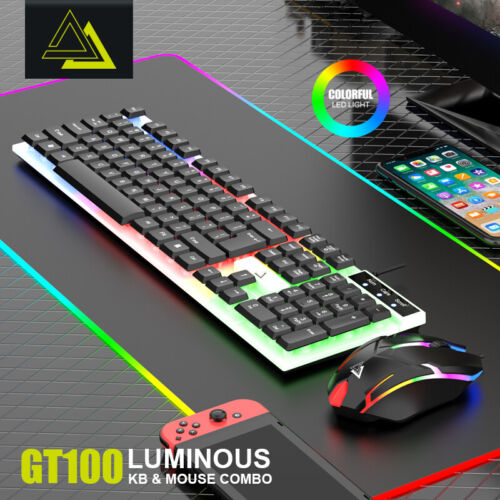Juego combinado de mouse teclado retroiluminado tamaño completo Rainbow RGB con cable para juegos oficina negro - Imagen 3 de 22