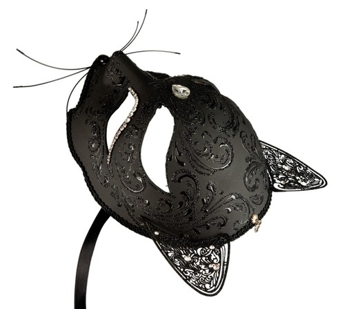 Mask Cat Venetian Black - Paper Mache And Metal Filigree 1697 - Picture 4 of 6