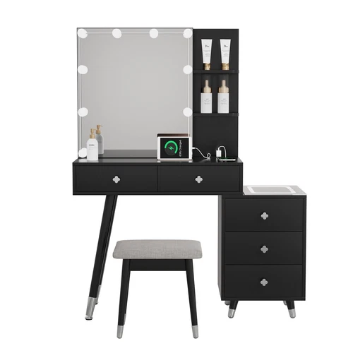 Modern Vanity Set Modern Makeup Table Stool Set with Bulb LED Mirror & Cabinet - Picture 4 of 7