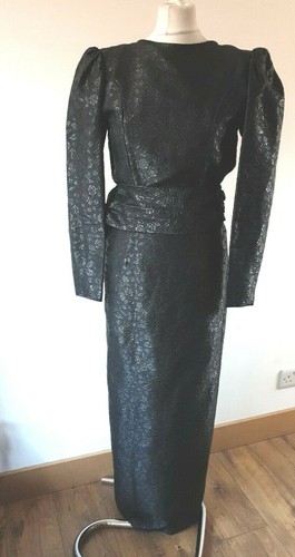 Vintage 80s Black Maxi Floral Dynasty  Jacquard Dress Long Sleeves Fits UK 6 8 - Picture 2 of 10